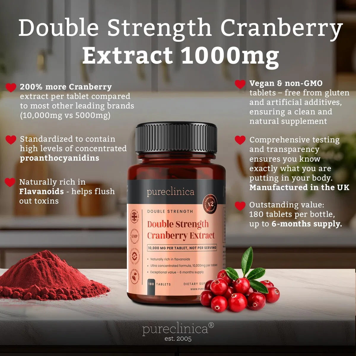 Extrait de Canneberge Double Concentration 10 000 mg x 180 Comprimés Ultra Concentrés - Fourniture de 6 mois !