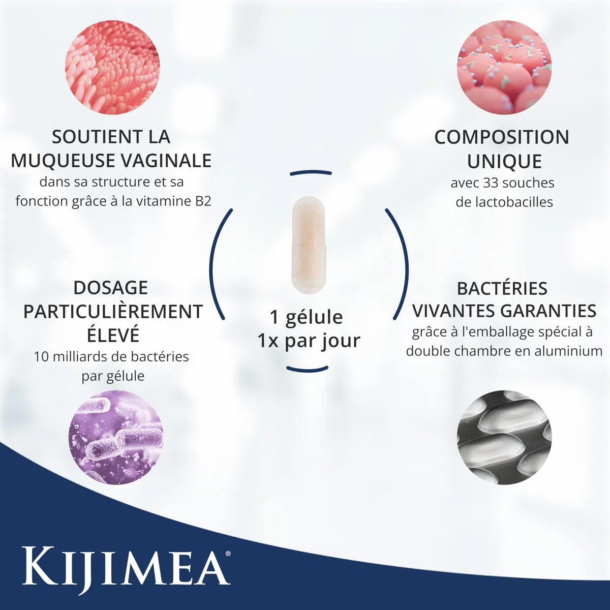 Kijimea FloraCare – inspiré par le microbiome vaginal naturel | 33 souches spécifiques de lactobacilles,à une dose particulièrement élevée + vitamines B2, B3, B7 et zinc - 28 gélules