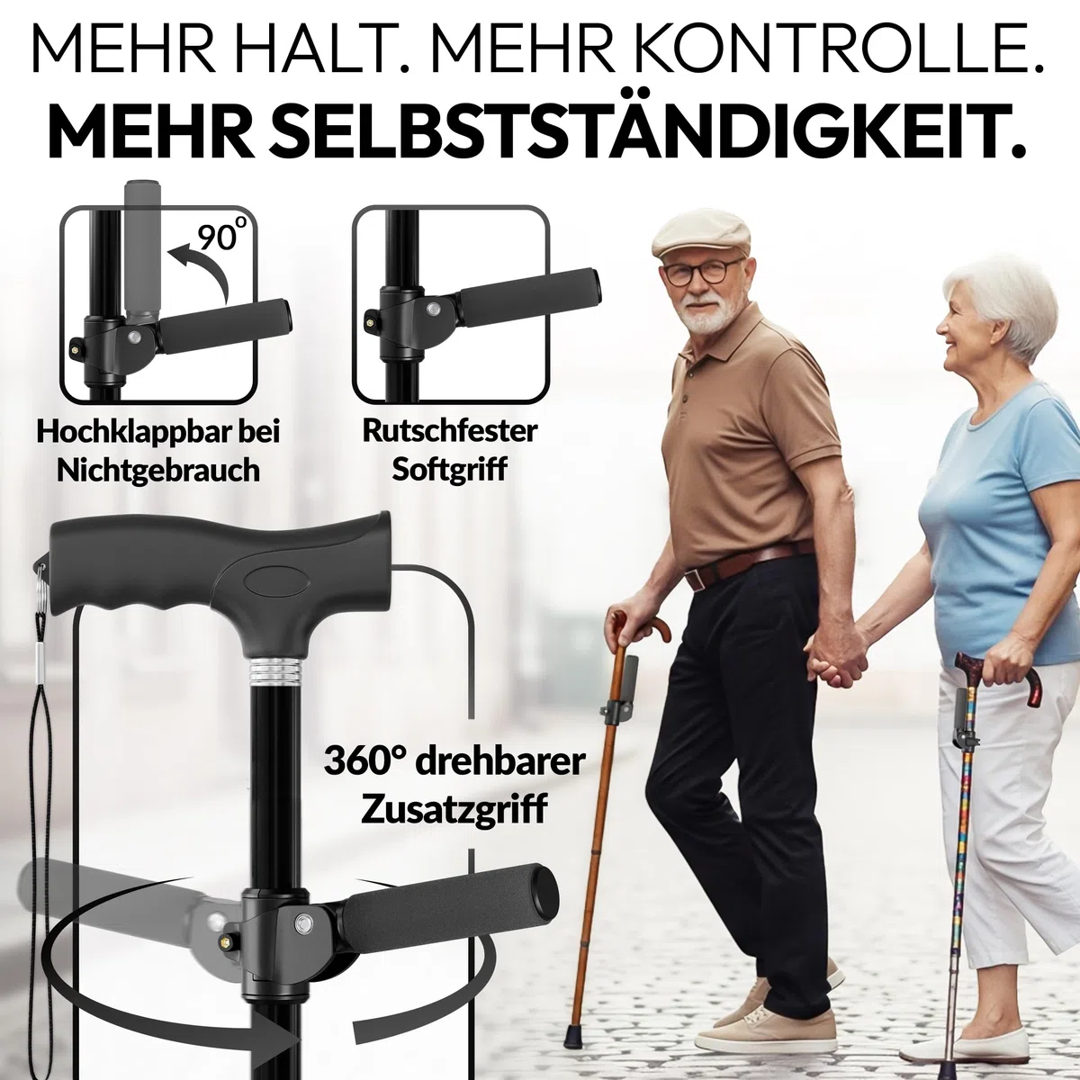 [360°] – Poignée supplémentaire rembourrée pour canne de marche – Poignée latérale pliable pour bâtons de marche – Poignée d'appui pour bâtons de randonnée – Aide au redressement (7/8" = Ø