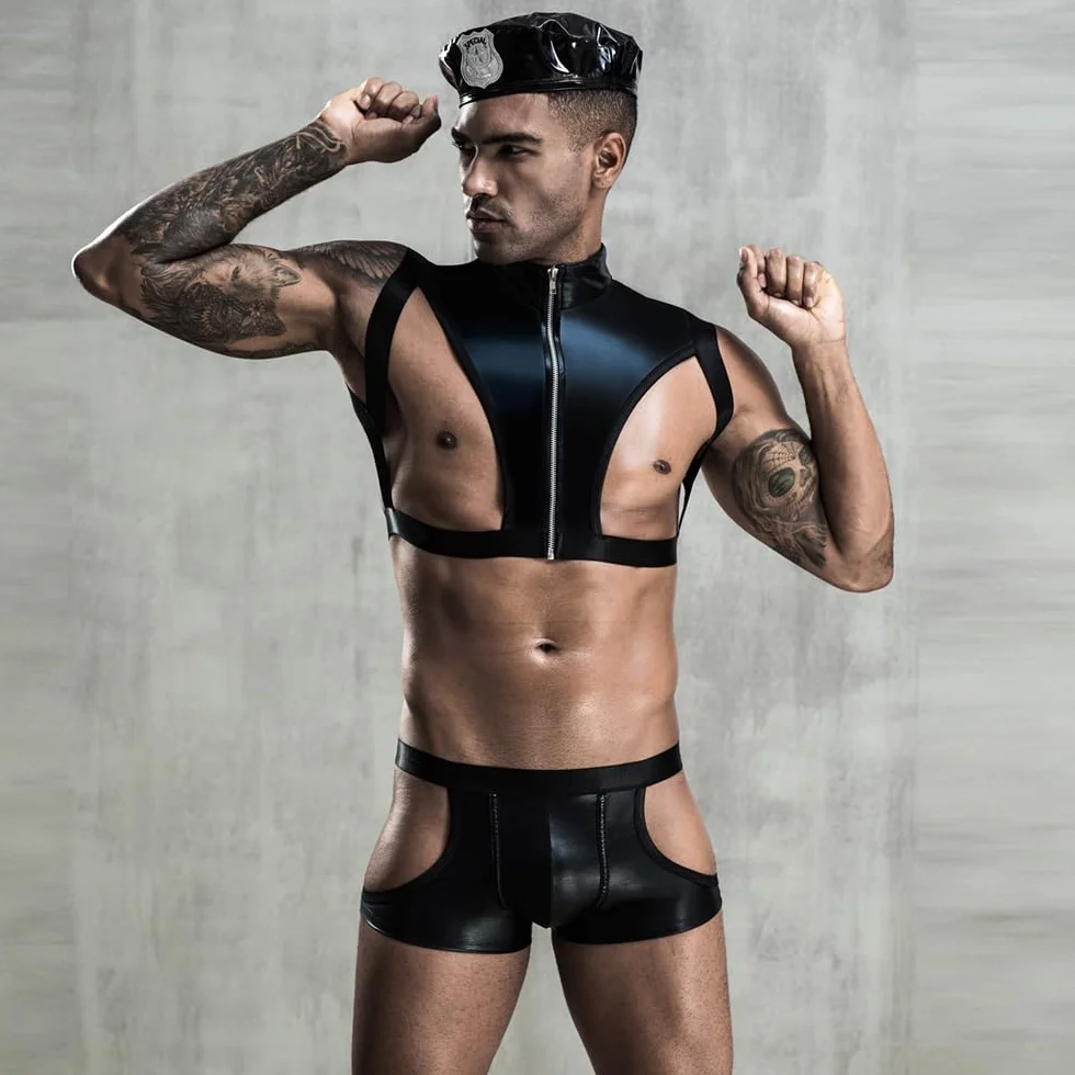 YUHENG Homme Mode Sexy Sous-vêtements Police Costume Costume Lingerie Lingerie Noir Taille L