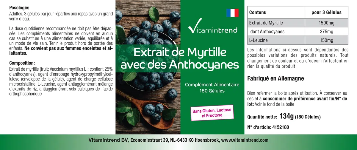 Vitamintrend Extrait de myrtille avec 25% d'anthocyanes, 180 gélules, hautement dosé, complément alimentaire végan sans stéarate de magnésium, fabriqué en Allemagne