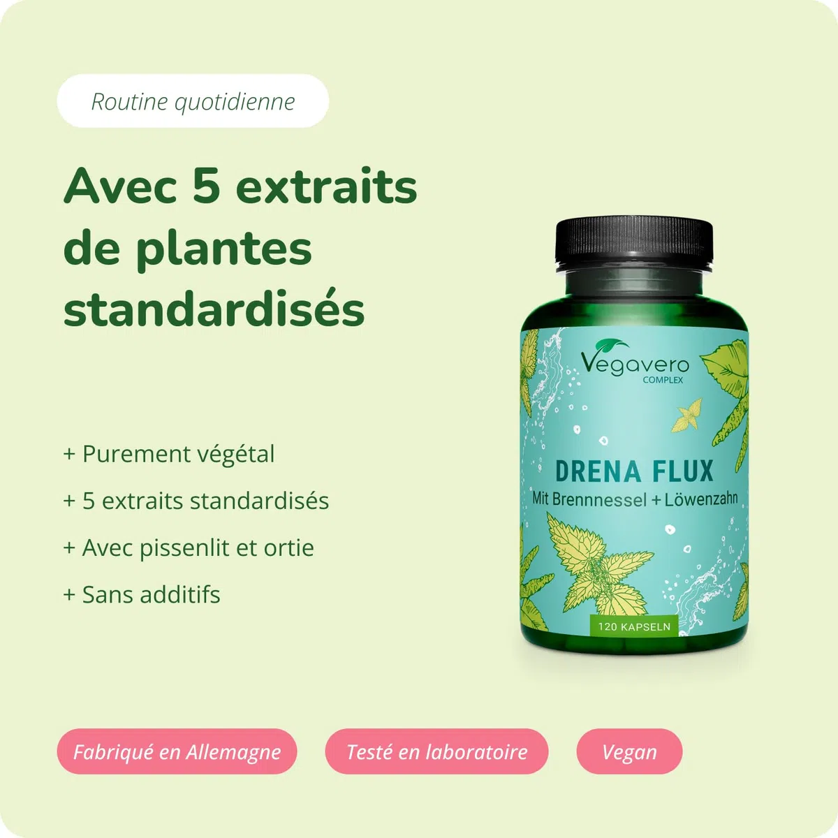 Draineur & Detox Vegavero® | 100% NATUREL | Rétention d’eau + Diurétique Puissant | Ortie, Pissenlit, Bouleau, Piloselle et Orthosiphon | Sans Additifs | 120 Gélules (4 mois) | VEGAN