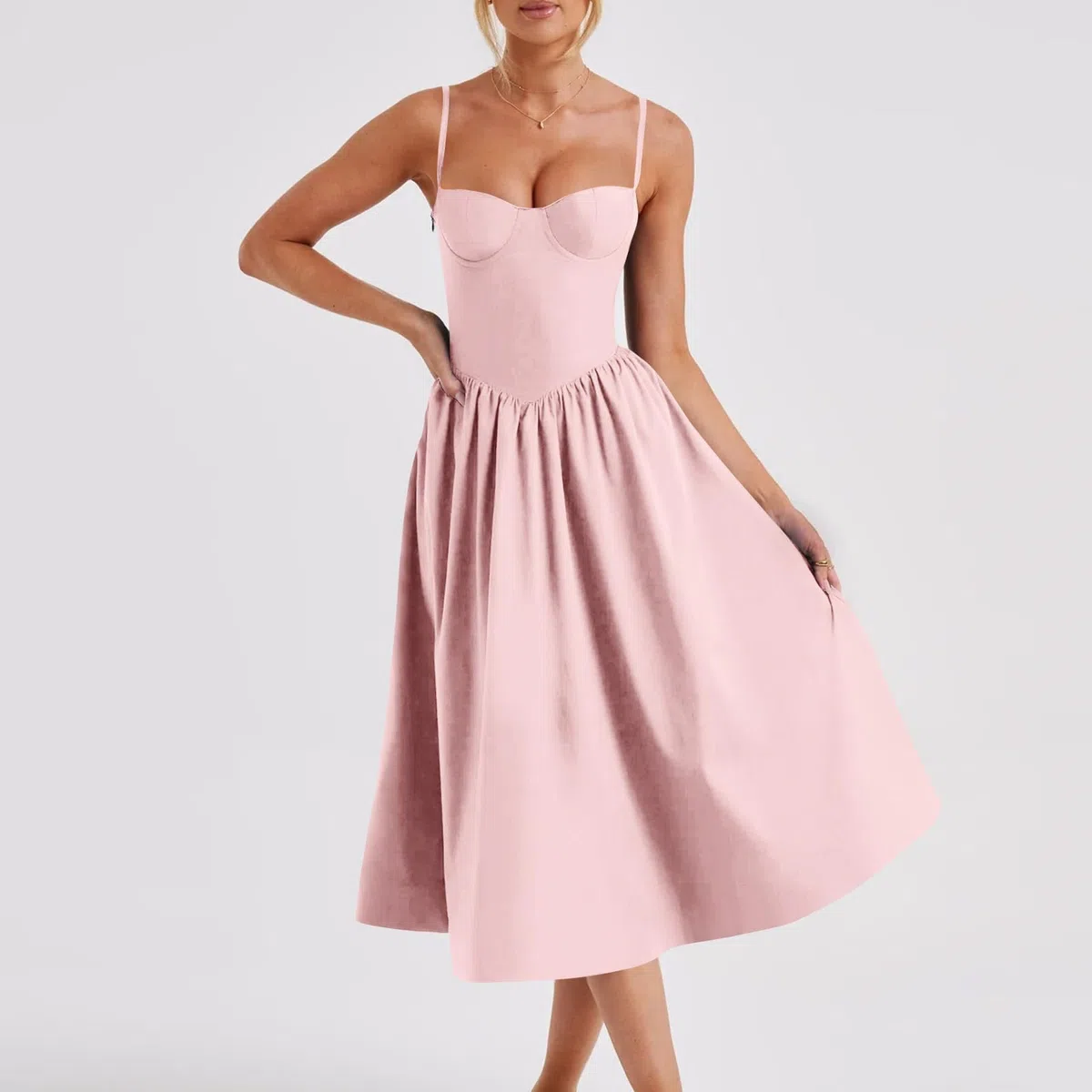 Robes Femme Élégant Bustier à Bretelles Robe Midi Corset Fluide avec Ourlet Plissé Robe Bordeaux Femme Manches Longues