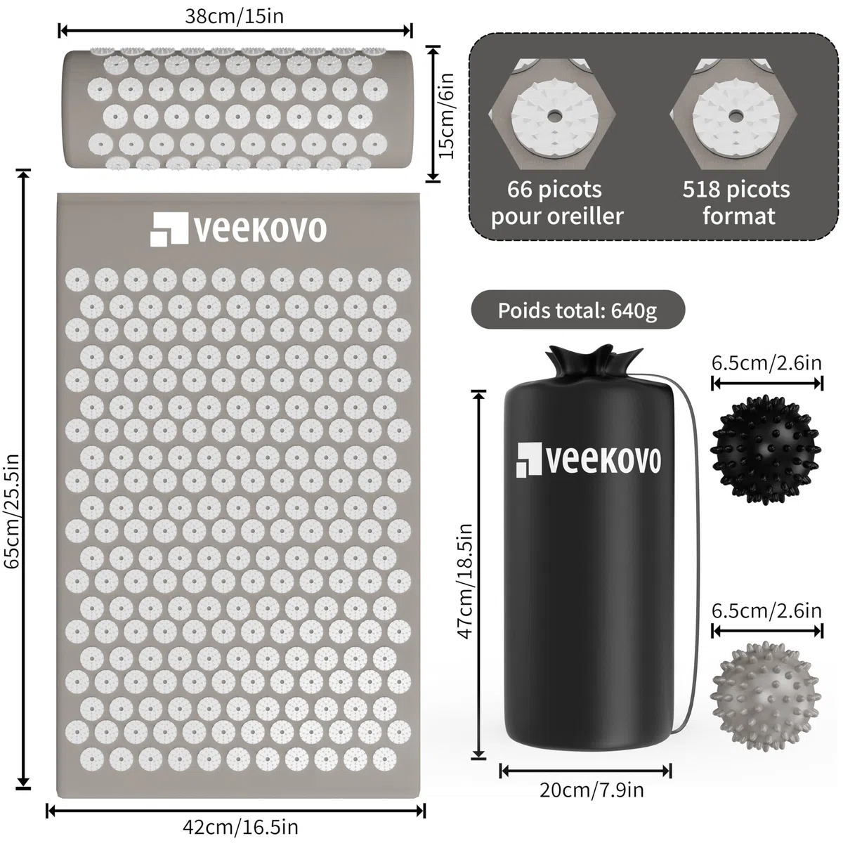 Kit d'acupression, Tapis d'Acupression + Coussin + Boule de Massage, Mal De Dos - Relaxation et Traitement de la Douleur, Soulage douleurs Dos et Cou (Gris)