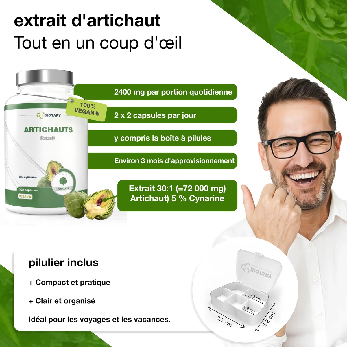 Extrait d’artichaut 365 gélules 2400 mg 30:1 120 mg cynarine 100% végan | Dose journalière équivalant à 72 000 mg d’artichaut avec pilulier inclus réserve de 3 mois qualité contrôlée