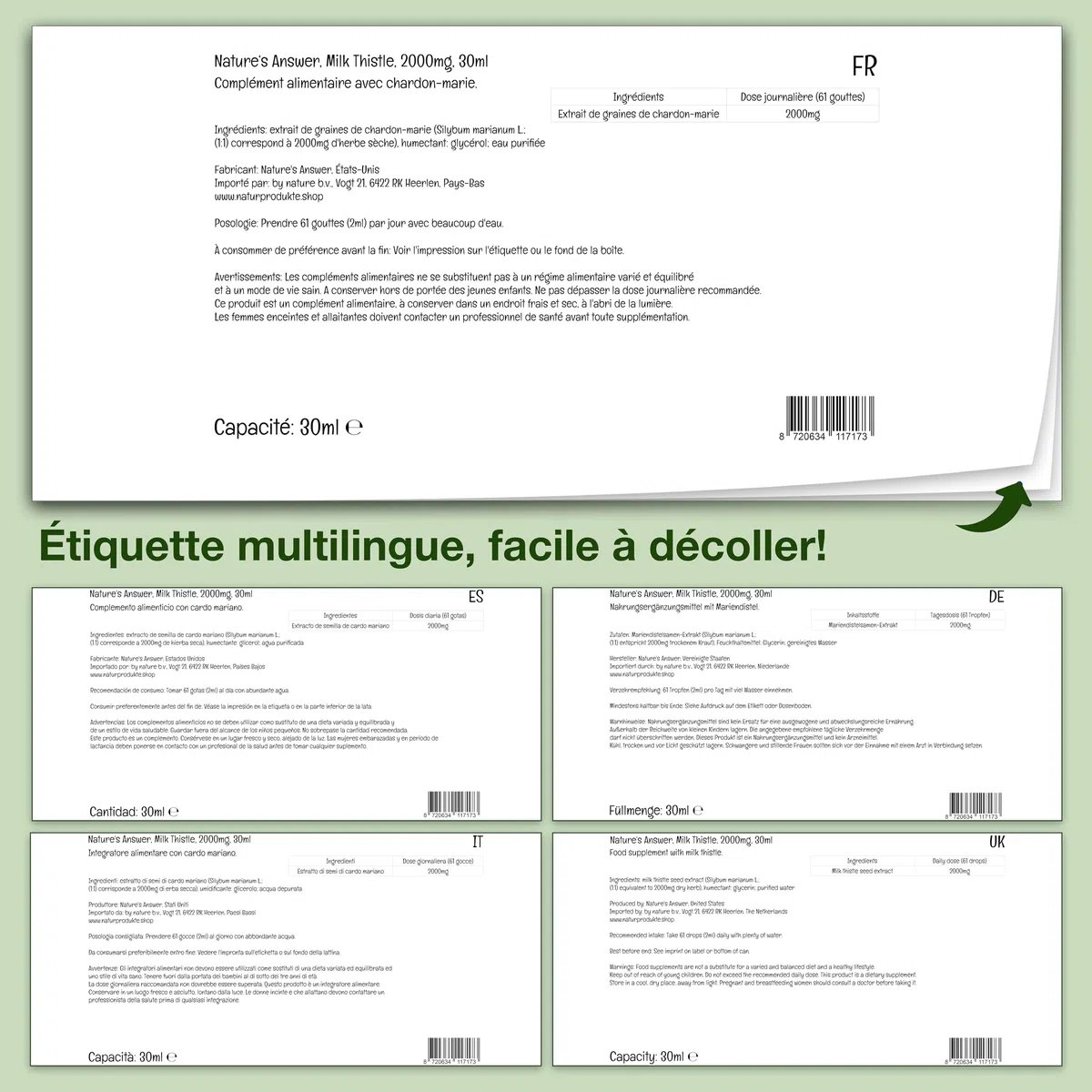 Nature's Answer, Milk Thistle Extract (Extrait de Graines de Chardon-Marie), Gouttes végétaliennes, 30ml, Sans Soja, Sans Gluten, Végétarien, Sans OGM