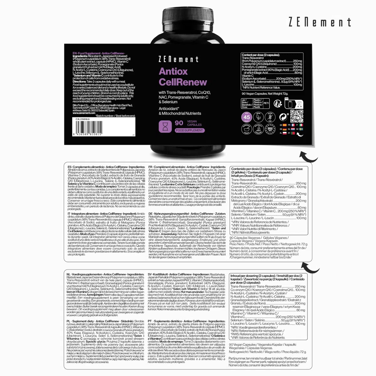 Antiox Complex avec Trans-Resvératrol, CoQ10, NAC, Grenade, Vitamine C et Sélénium - Antioxydant et Support de l'Énergie Cellulaire, 90 Gélules Véganes - Zenement