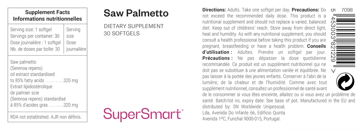 Saw Palmetto - Aide à Maintenir une Santé Optimale de la Prostate - Soutient le Débit Urinaire - Extrait Lipidostérolique de Palmier Scie Standardisé à 85% d'Acides Gras Libres - SuperSmart