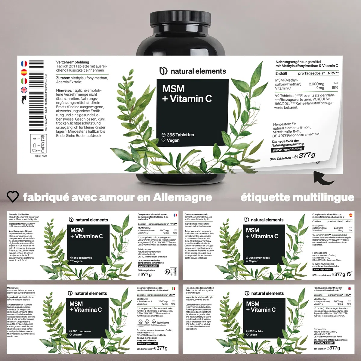 MSM 2000mg + Vitamine C naturelle – 365 comprimés au lieu de gélules – méthylsulfonylméthane – hautement dosé, végane – contrôlé en laboratoire en Allemagne