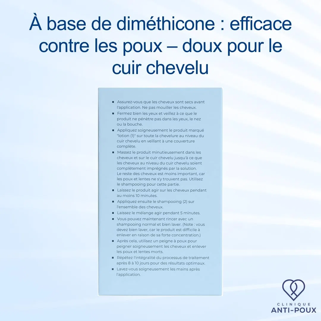 Clinique Anti-Poux Double Puissance - Tue efficacement les poux et les lentes - Kit de traitement anti-poux - Lotion et shampoing à la diméthicone pour adultes et enfants - Parfum eucalyptus