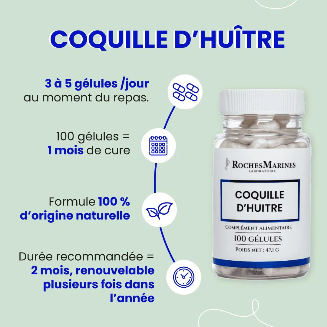 Roches Marines - Complément alimentaire Coquille d'huître - Apport en calcium naturel - Capital osseux - Confort osseux - 100 gélules - Développé en France