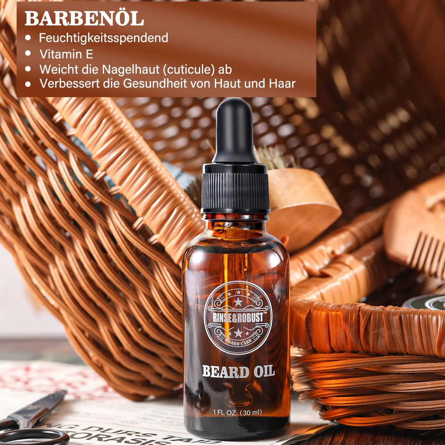 Rinse&Robust Kit de rinçage pour barbe 8 pièces avec sac de voyage, parfum eucalyptus, brosse à barbe, peigne à barbe, ciseaux à barbe, shampoing à barbe