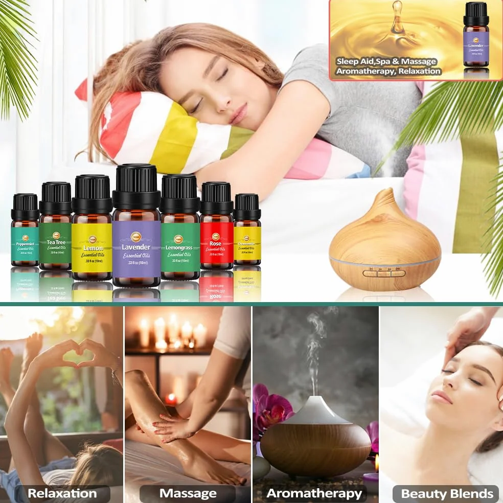 Huiles Essentielles 18 x 10 ml, Pour Diffuseur Arbre à thé Lavande Eucalyptus Encens Citronnelle Romarin Orange Menthe Citron Bergamote Ylang-ylang Camomille Rose Sauge etc.