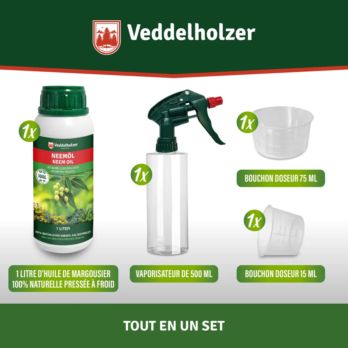 Veddelholzer 1000 ml d'huile de neem de qualité supérieure pressée à froid 100% naturelle, kit complet avec émulsifiant naturel + flacon pulvérisateur de 500 ml et 2 verres doseurs pour l'entretien