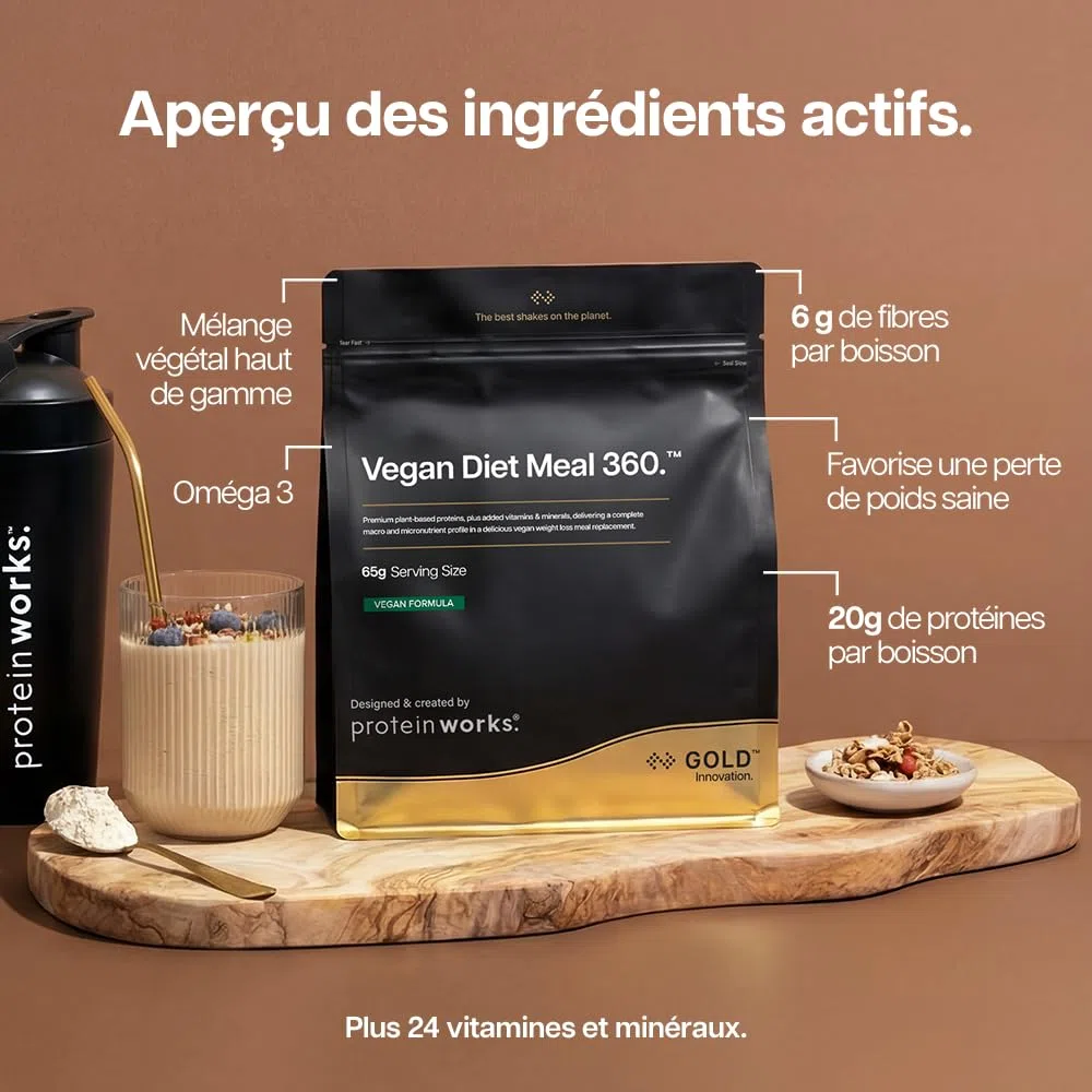 Protein Works | Vegan Diet Meal 360 – GOLD Innovation, Protéines Vegan, Shake Sostitutif Repas Dietétique, Supporte Perte de Poids, Faible Sucre, Riche en Fibres, Chocolat Onctueux, 15 Repas, 1kg