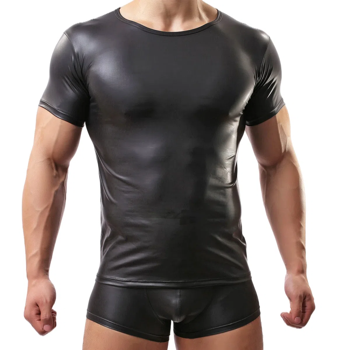 T-shirt sexy pour homme en cuir verni à manches courtes effet mouillé - Débardeur de fitness en latex - Coupe ajustée