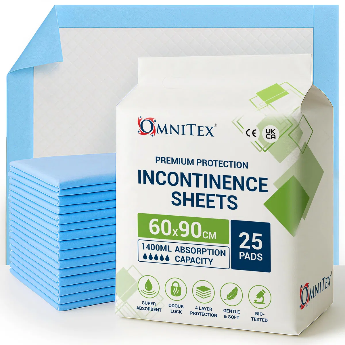 Omnitex – Lot de 25 alèses jetables pour incontinence, 60 x 90 cm, 1 400 ml