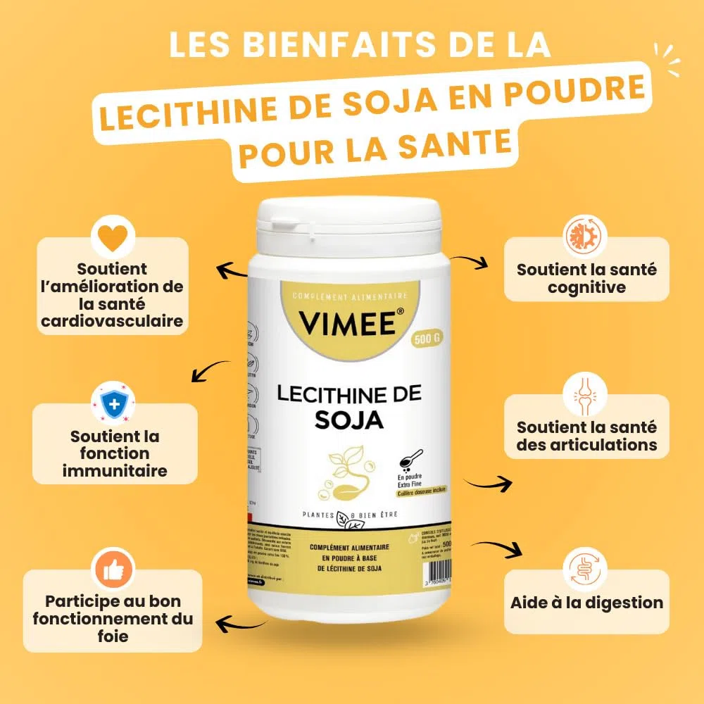 Lécithine de Soja en Poudre Vimee - Complément et Additif Alimentaire à Base de Phospholipides de Soja - Foie, Cerveau - 500 G - 500 Jours