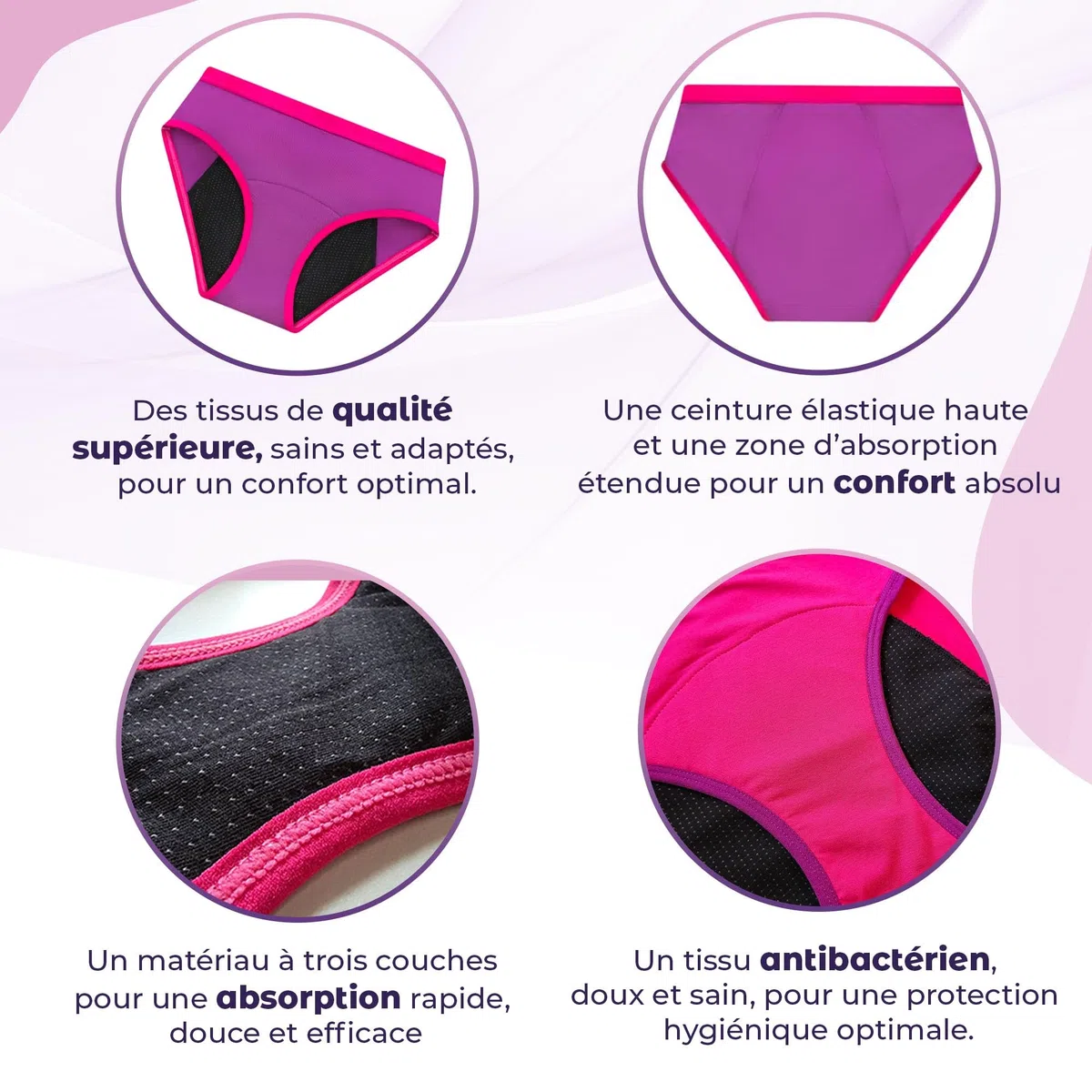 Lot 3 Culottes Menstruelles Adolescentes en Fibre de Bambou | Absorption Nid d'Abeille, Respirantes, Antibactériennes | Ultra absorbantes pour Flux Léger à Flux Très Abondant | Jeunes Filles et Ado