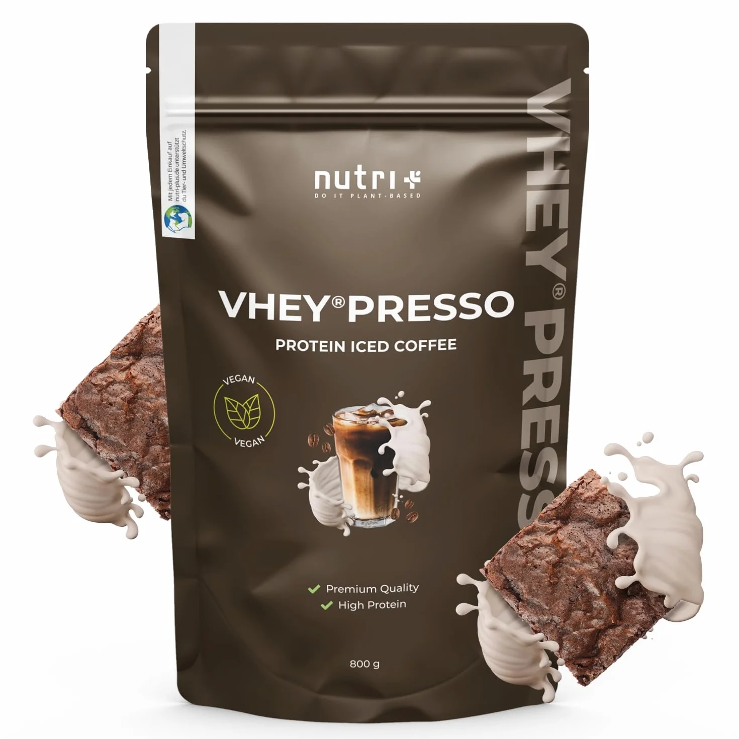 Nutri + Protein Iced Coffee Chocolate Brownie - Vheypresso Café protéiné avec Caféine 800 g - Poudre de Chocolat sans Lactose + Gluten - idéal pour la Construction musculaire