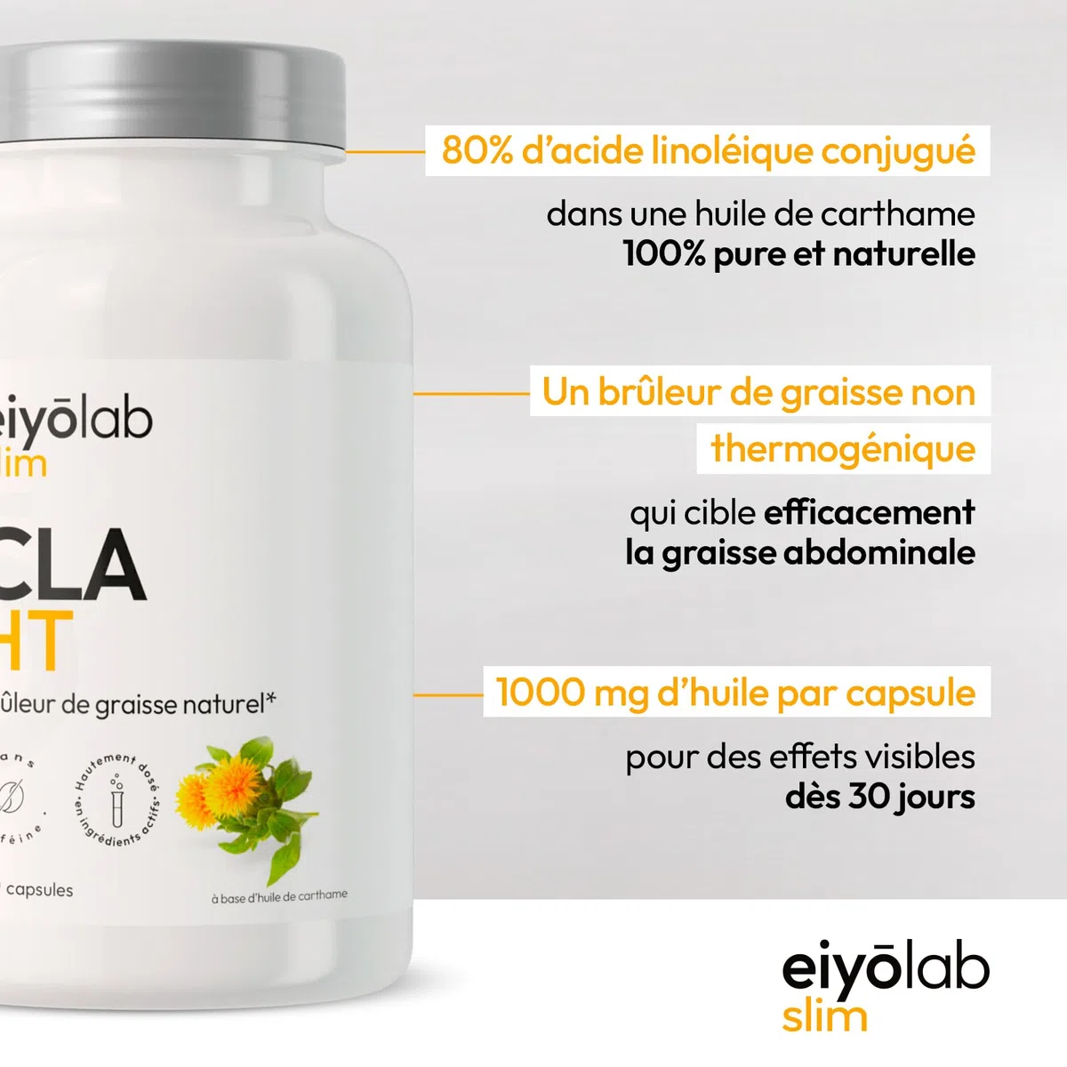 CLA HT | 3000mg par Portion | Bruleur de Graisse Naturel | Action Ciblée sur la Ceinture Abdominale | 80% d’Acide Linoléique Conjugué | 90 Capsules pour Homme et Femme | Made in France | Eiyolab