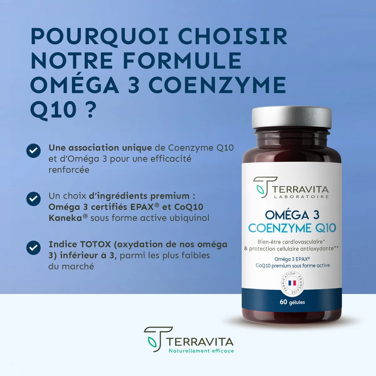 Oméga 3 Brevetés EPAX® + Coenzyme Q10 Ubiquinol Kaneka® | Poissons Sauvages | Système Cardiovasculaire - Immunitaire - Cérébral | TOTOX Ultra Faible | 60 Capsules | Made in France | Terravita