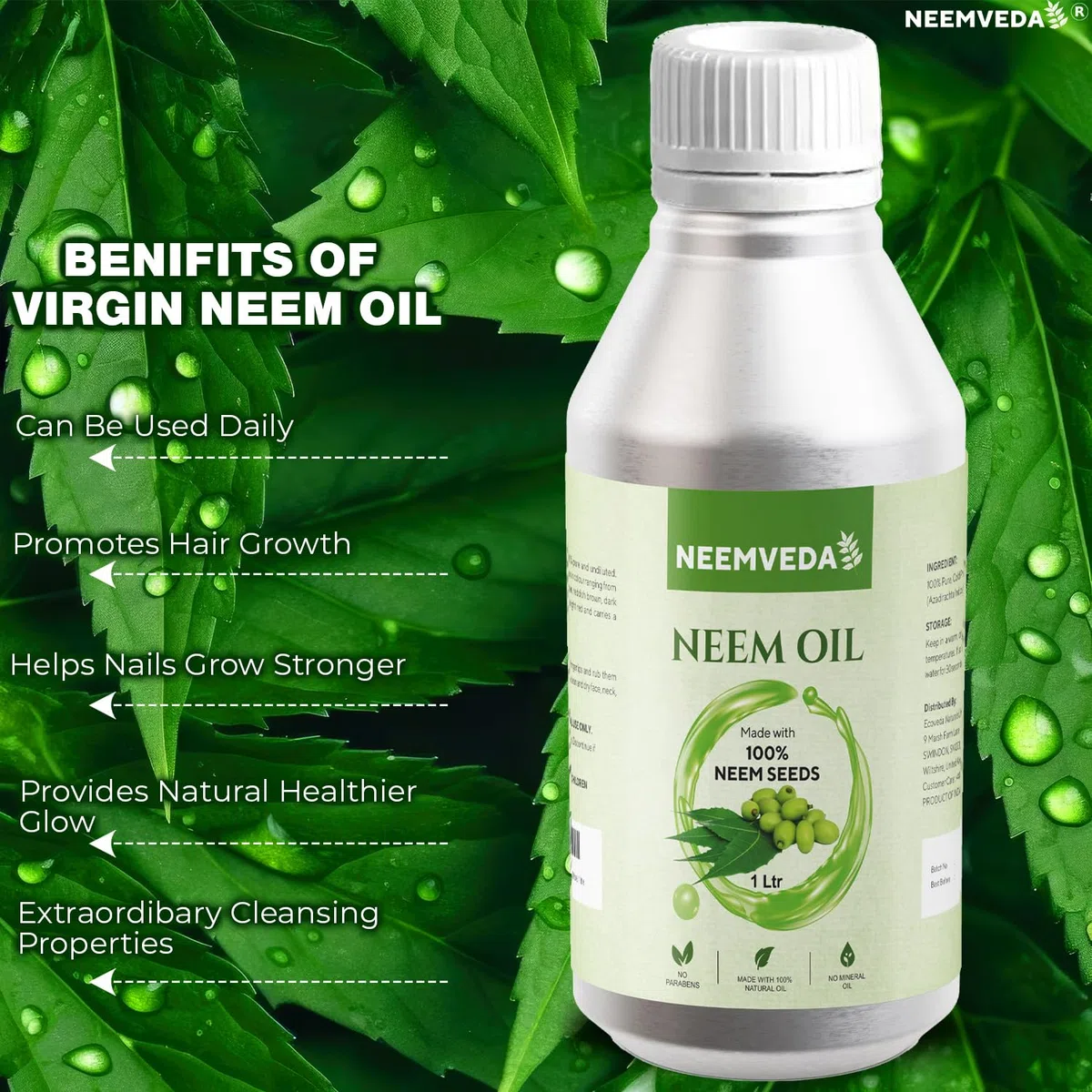 Huile vierge de neem 1 litre (1000 ml) pressée à froid, pure, naturelle, non raffinée, végétalienne, pour cheveux, peau, ongles, cuir chevelu, corps, huile multi-usage pour jardin, plantes