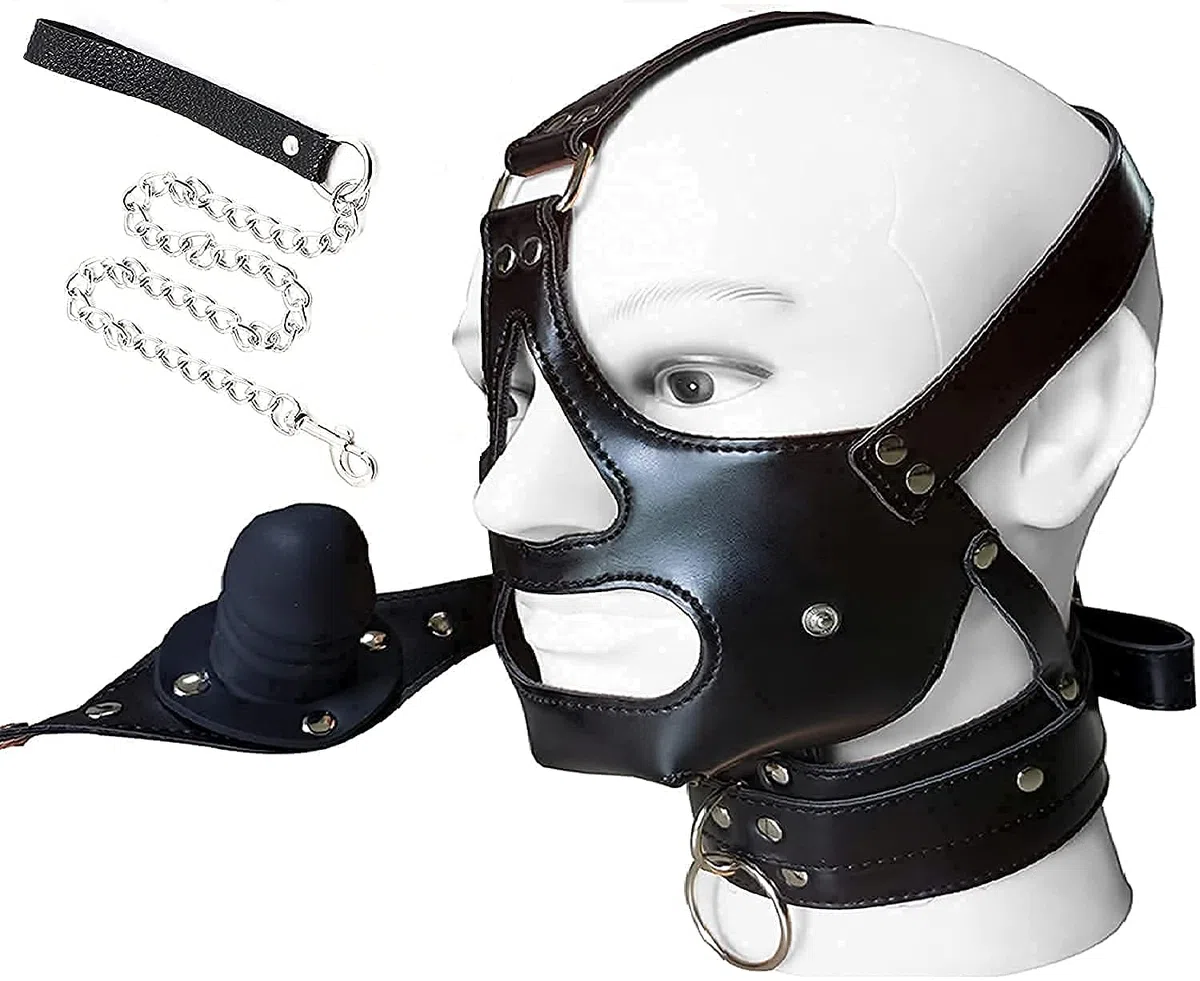 MFMYEE Masque de Jouet Sexuel SM Réglable avec Gode Bouche Gags, Retenue de Capuche en Cuir, Convient aux Couples, aux Hommes et aux Femmes Fétiches, Carnaval Halloween