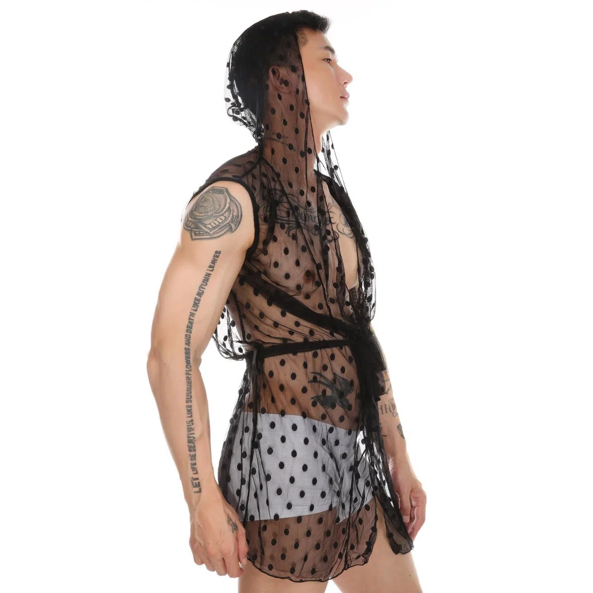 Robe de chambre longue en dentelle pour homme - Lingerie sexy - Chemise transparente - Veste sans manches - Débardeurs - Vêtements de nuit en maille - Sous-vêtements - Chemise en maille
