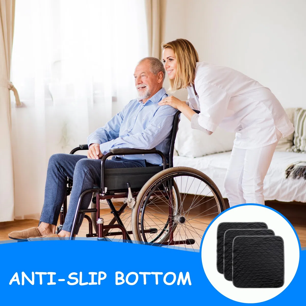 Lot de 3 Tapis d'Incontinence Lavables 50x50 cm Coussinets Incontinence Adulte Réutilisables Coussin de Protection Antidérapant pour Fauteuil Roulant, Lit, Canapé et Voiture