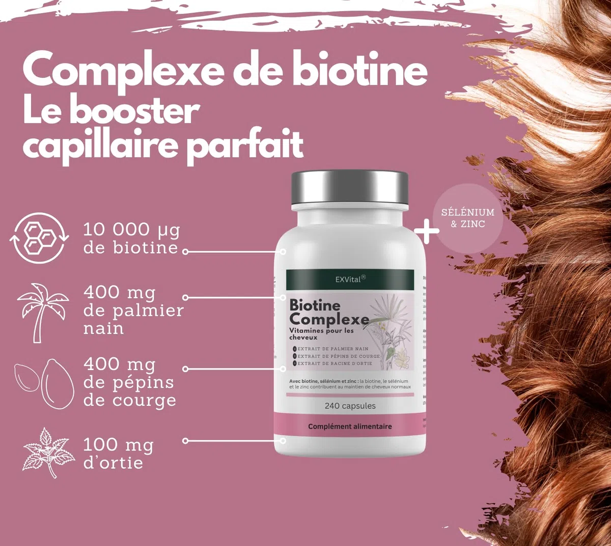 EXVital Biotine Complexe, Vitamines pour les cheveux, Avec extraits de palmier nain, de pépins de courge et de racine d’ortie, 240 capsules véganes, enrichies en sélénium et zinc, testé en laboratoire