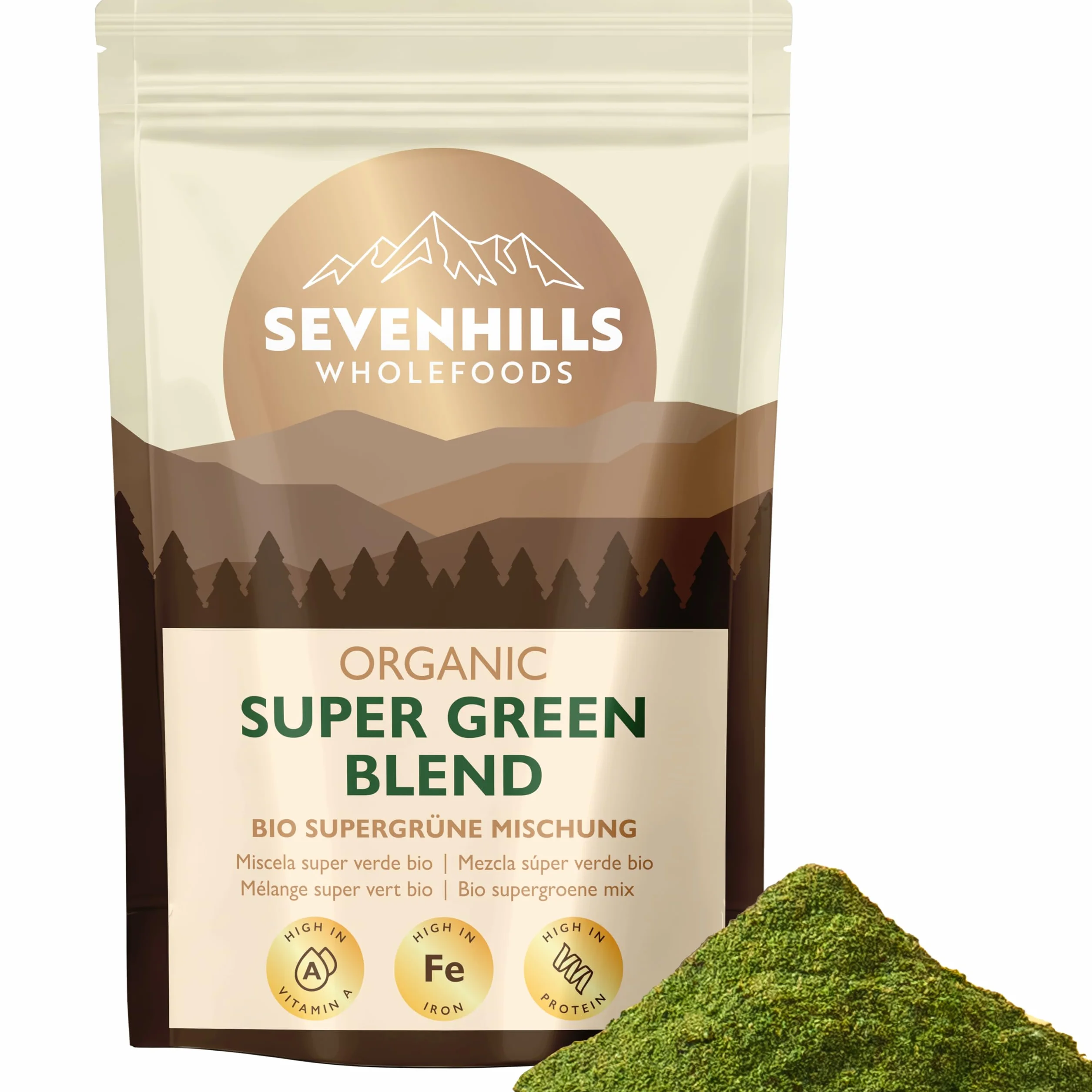 Mélange de super verts bio 400g avec spiruline, chlorelle, herbe de blé, herbe d'orge | Soutient l'immunité de la peau | 80 portions | Poudre de superaliments verts de Sevenhills Wholefoods