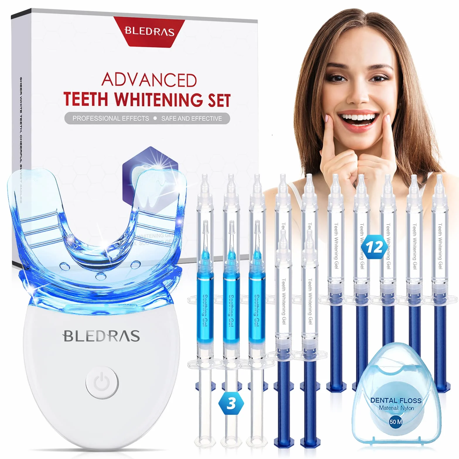 Kit Blanchiment Dentaire - Bledras Dents Blanches Professionnel avec 12 Gel Blanchiment, 3 Gel Apaisant, Plateau Dent- Soins Dentaires à Domicile en 20 Minutes (Set A)