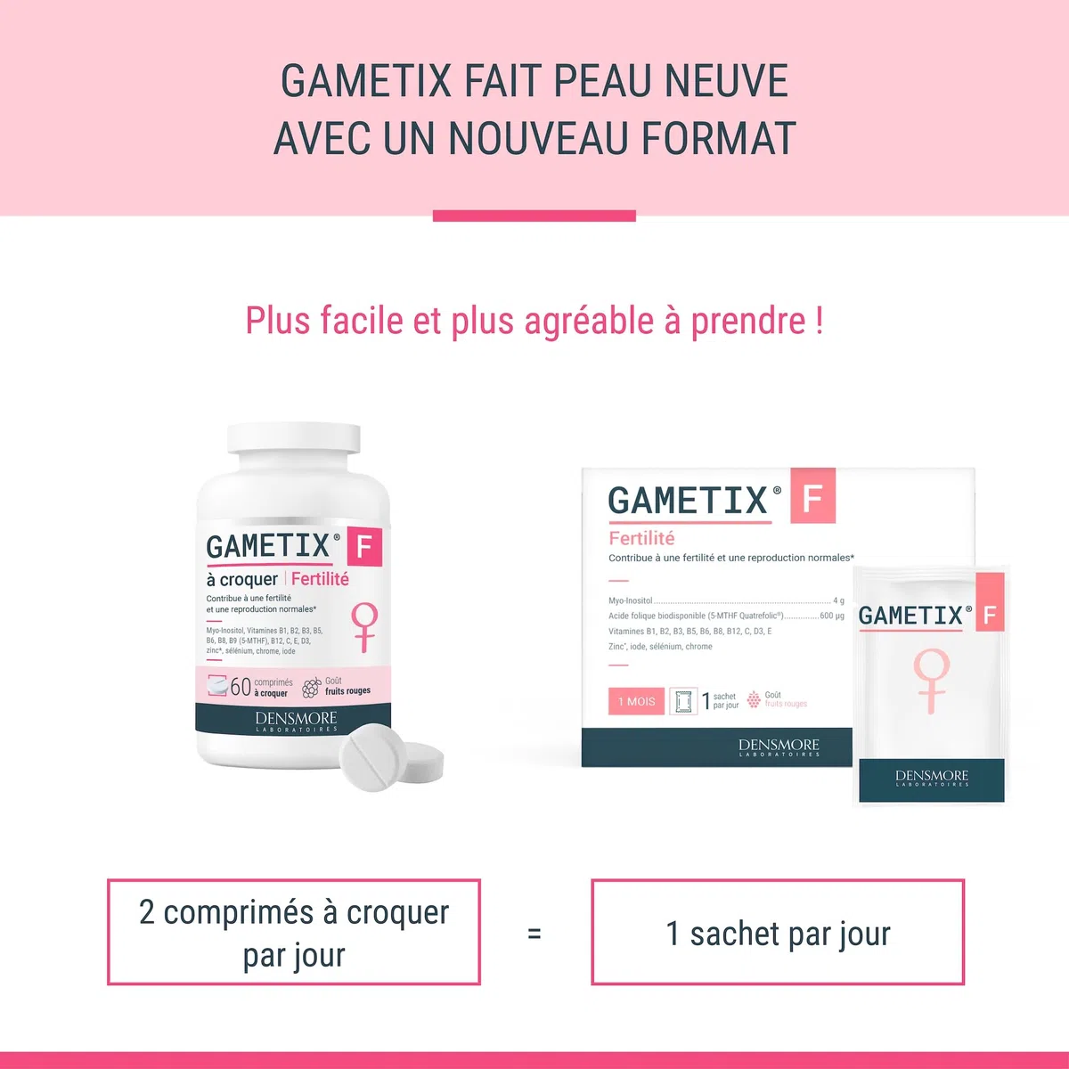 Densmore - GAMETIX F à Croquer - Complément Alimentaire Fertilité Féminine à base de Myo-Inositol, Acide Folique (Vitamine B9), Zinc, Vitamines - Goût Fruits Rouges - 60 Comprimés - Fabriqué en France