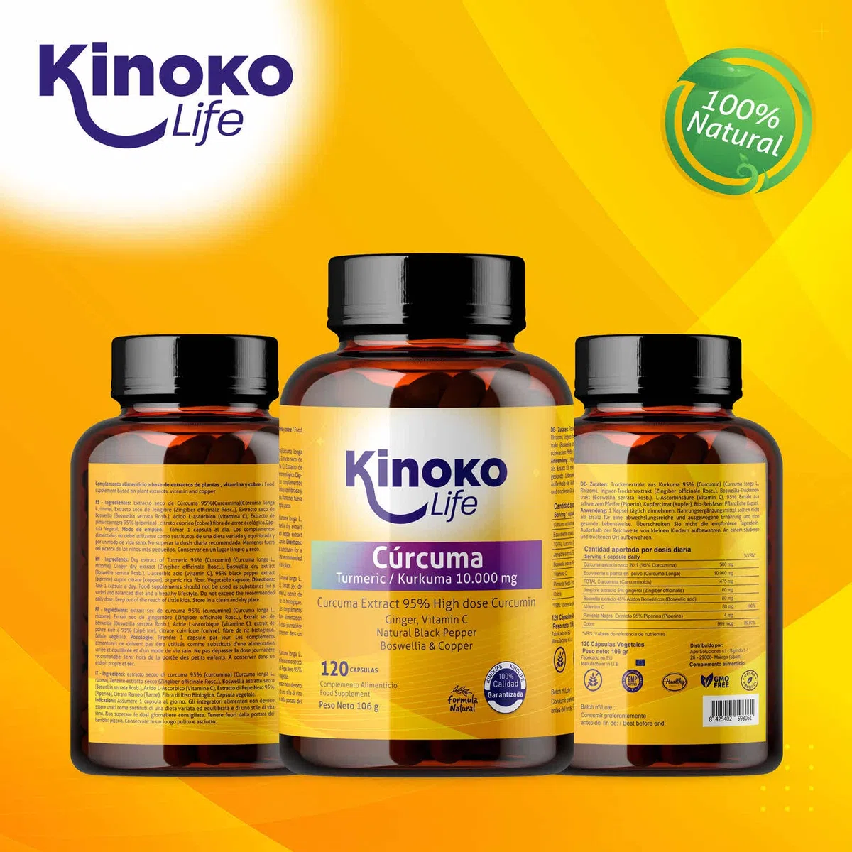 CURCUMA 10000 mg .120 gélules Curcumine pure 95% d'extrait .Gingembre, Poivre noir, Boswellia, Vitamine C et Cuivre | Hautement résorbable | Full Complex