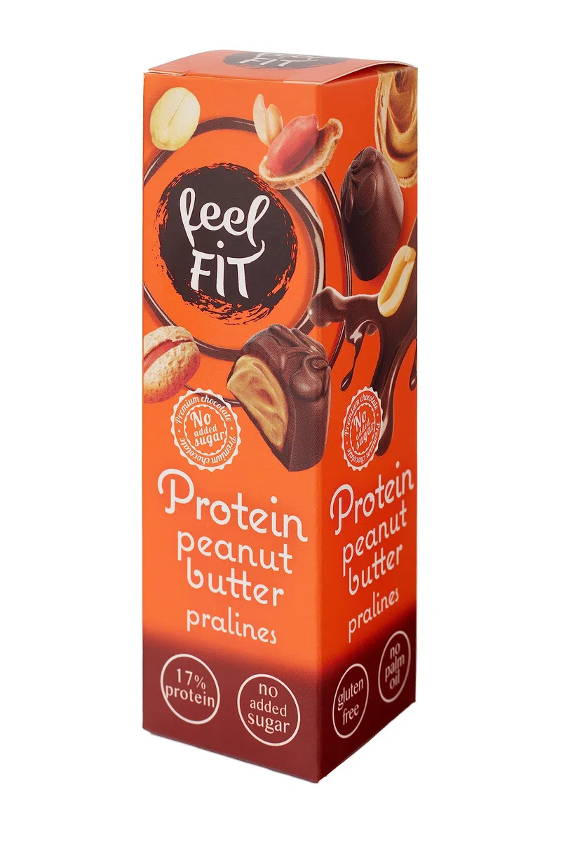Feel FIT Protein Beurre de cacahuète Pralinés au chocolat au lait belge. Sans sucre, sans gluten, protein snack (12 x 33 g)