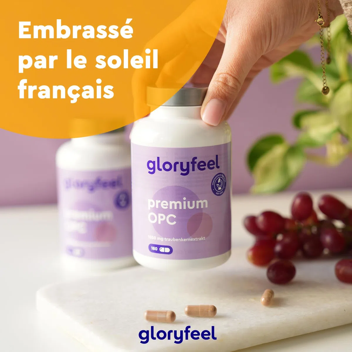 OPC Extrait de Pépin de Raisin Français 1050mg, Teneur HPLC Très Élevée, 630 mg d'OPC Pur Par Jour, 180 Capsules, 100% Naturel, Végétalien, Qualité Premium, Testé en Laboratoire