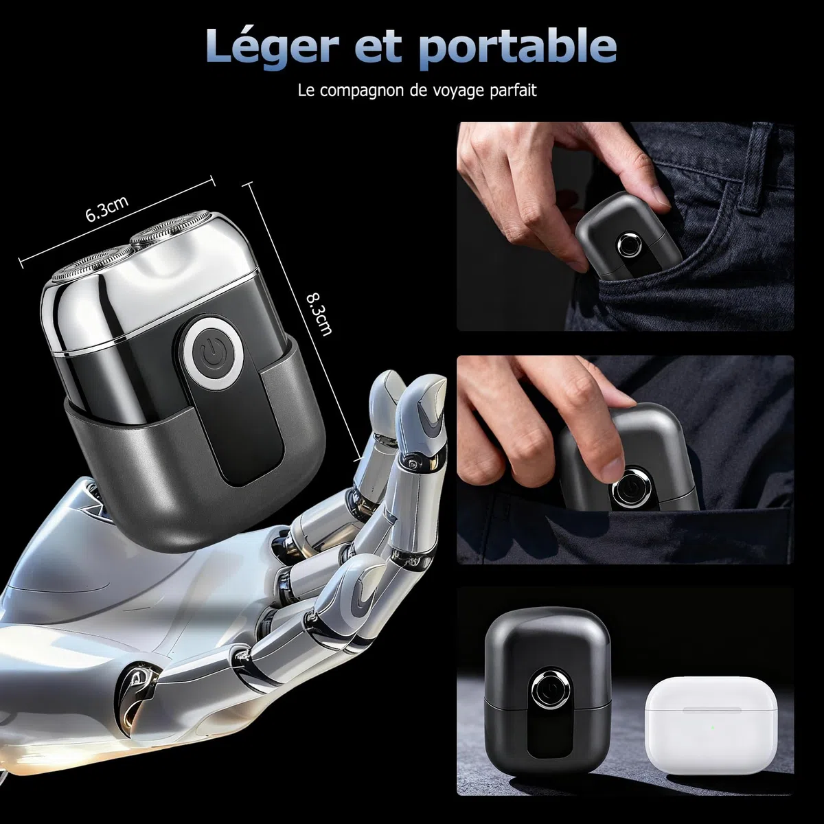 Mini Rasoir Électrique Homme - Rasoir de Voyage Étanche IPX6 avec Écran LED, USB-C Rapide, Double Tête, Silencieux & Portable - Gris