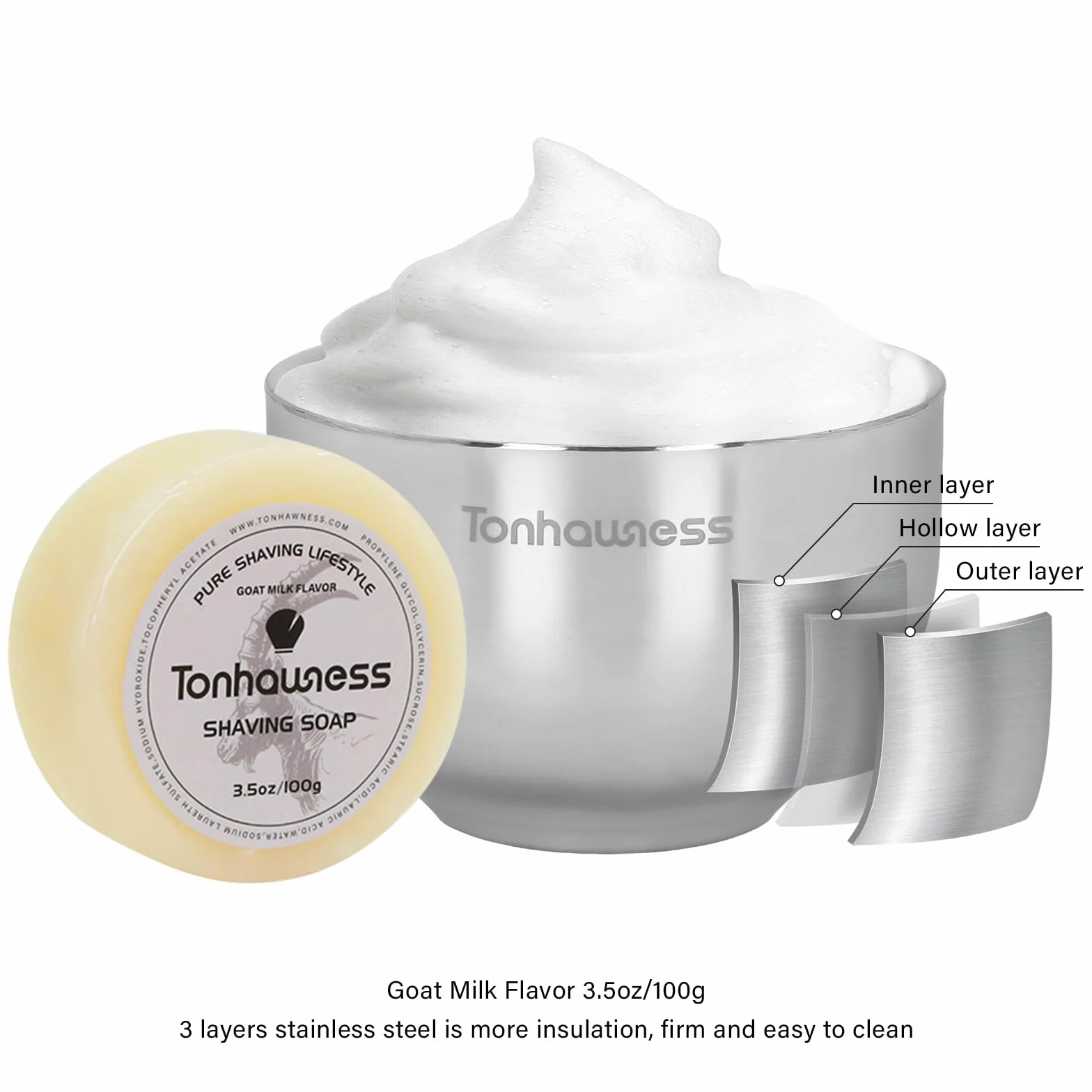 Kit de Rasage Tonhawness pour Homme, Ensemble de Brosses à Raser 4 en 1 Comprenant une Brosse à Raser en Poils de Blaireau, un Bol et Support à Raser en Acier Inoxydable et un Savon à Raser à la