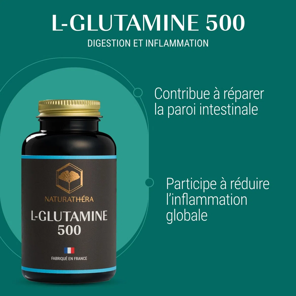 L-GLUTAMINE 500 - Fort dosage - Anti-inflammatoire - Complément Alimentaire Confort Digestif Intestinal - 150 Gélules - Fabriqué en France - Vegan - Sans Additifs Allergènes OGM