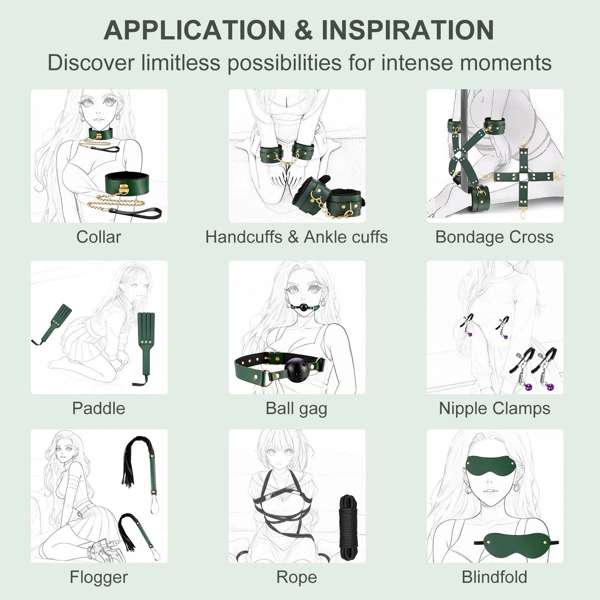 Bondage Set 15 Pièces BDSM Kit de Contrainte Réglable pour Couples avec Menottes Bandeau Bâillon & Fouet Équipement de Bondage pour Débutants à Avancés Durable et Doux pour la Peau (Vert)
