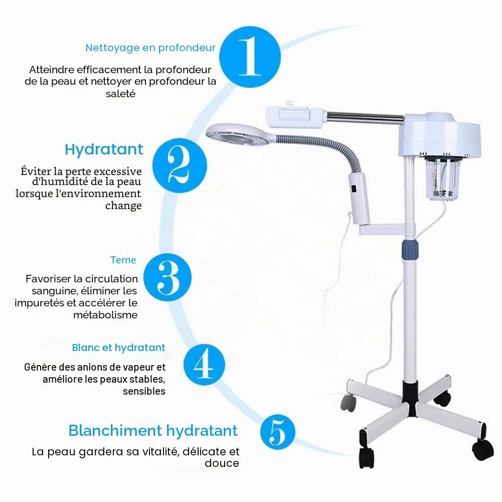 2 en 1 Vapozone Esthetique Professionnel, Vapeur Visage 5X Lampe, Loupe Esthetique sur Pied Machine Vapozone Professionnel pour Salon de Beauté Soin de Visage