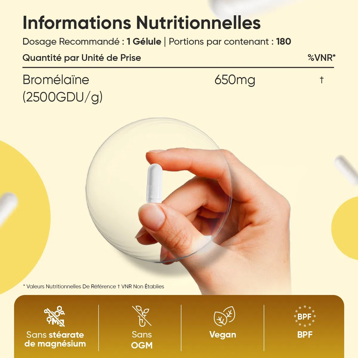 Bromelaine Gélules 650 mg (2500 UDG/g), 180 Gélules, 6 Mois d'Apport, avec Enzymes Digestives Dérivée de la Tige d'Ananas, Source de Manganèse, Cuivre, Vitamine C - Vegan & sans Stéarate de Magnésium