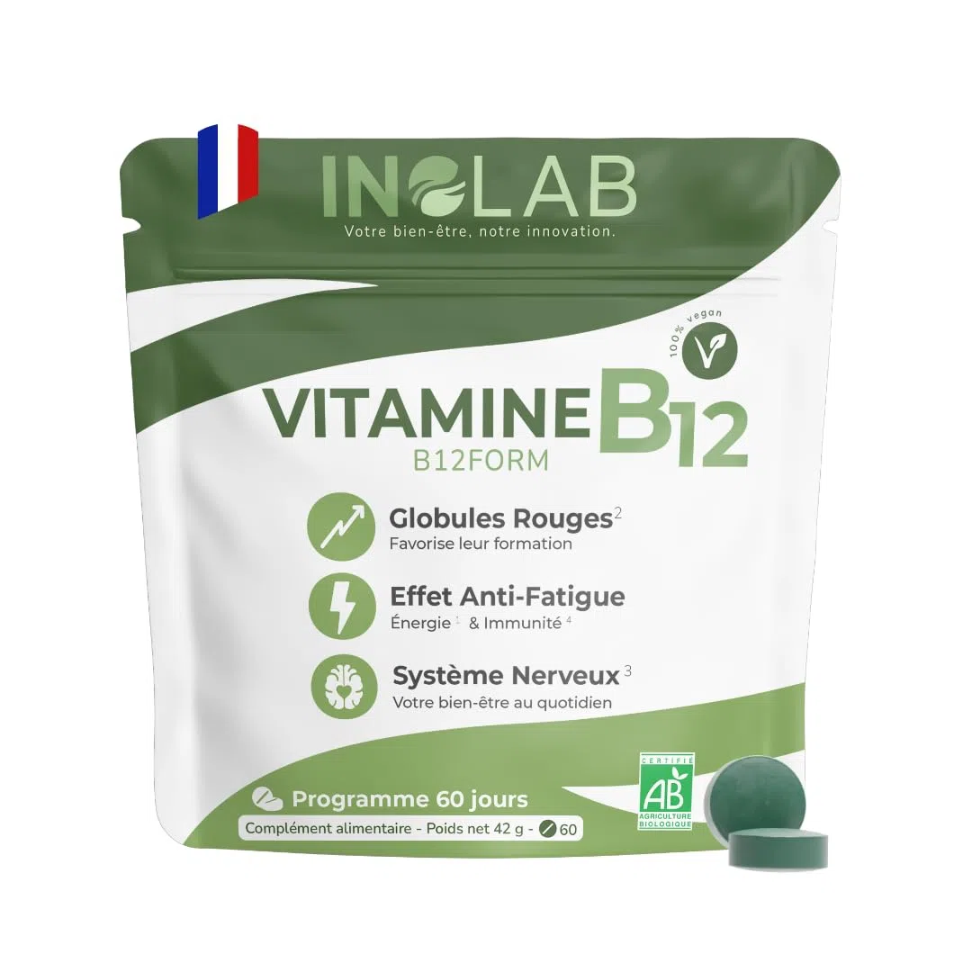 INOLAB VITAMINE B12 - Biologique, Vegan/Extrait de Shiitaké Bio/Methylcobalamine, Adénosylcobalamine & Hydroxocobalamine/B12FORM Haute biodisponibilité