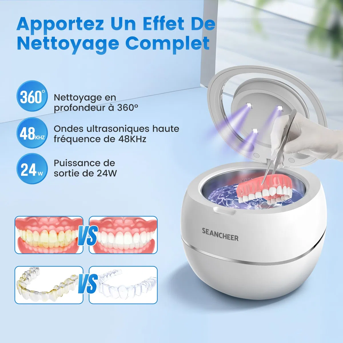 SEANCHEER Nettoyeur Ultrasons 48000Hz Bac Ultrason | 24W | 180ML | Mini Ultrasonic Cleaner Portable avec Lampe UV pour | Prothèses Dentaires | Gouttière Dentaire | Retainer | Bijoux | (Blanc)