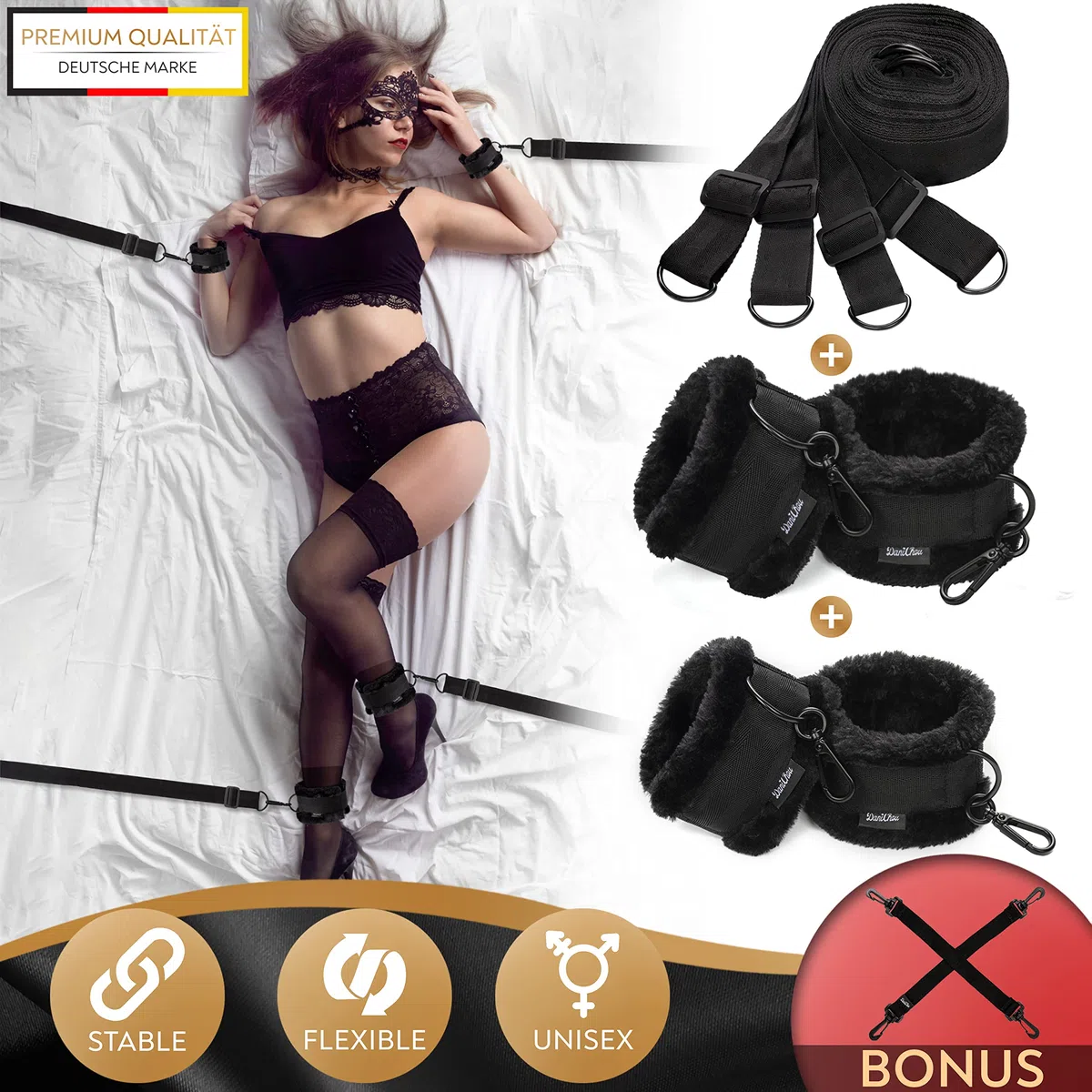 Premium Menottes sex adulte lit, peluche extra & mousquetons exclusifs, attache lit sex adulte & BDSMS Set, fouet sex adulte, jeux couple, kit BDSM, jeu couple, BDSMS set couple
