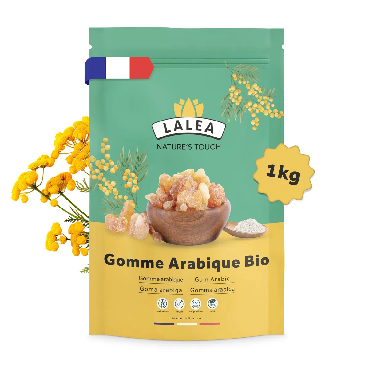Gomme arabique bio en poudre, Poudre de fibre alimentaire du gomme d'acacia bio 1Kg, Végétalien et Keto, Sans Gluten, 90% de fibres