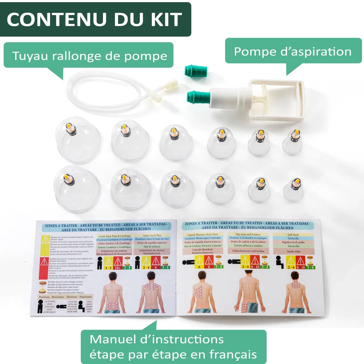 Uplife Kit de 12 Ventouses Thérapeutiques -Instructions en Français- Ventouse Massage Kiné Anti Cellulite Soulage Douleurs Fatigue - Ventouses Chinoises de Cupping Pistolet Massage Hijama Acupuncture