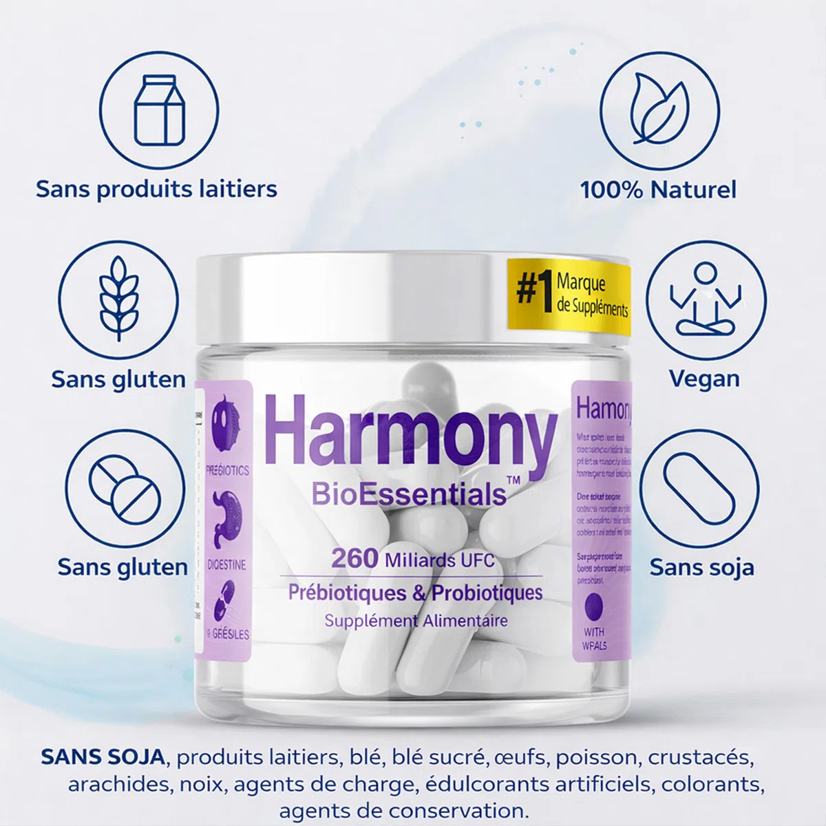 Harmony – Probiotiques & Prébiotiques – 260 Milliards UFC & 10 Souches – Soutien immunitaire – Inuline FOS GOS + Enzymes Digestives + Vitamines C & D3 – 90 Gélules Végétales