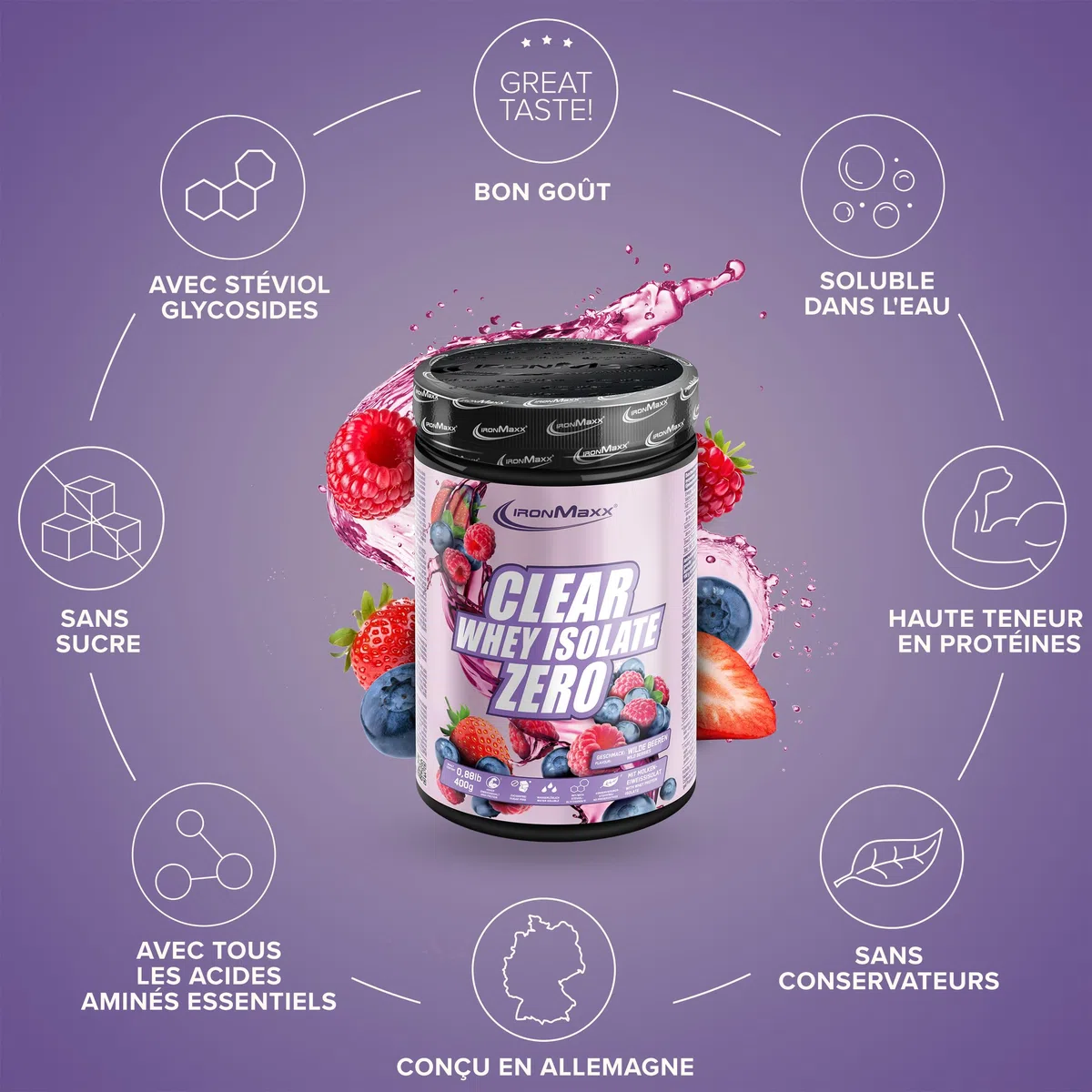 IronMaxx Clear Whey Isolate Zero - Wild Berry 400g | Whey Protein Isolate | Proteine Whey Sans Sucre | Clear Whey Boisson Protéinée | Shaker Proteine Zéro Sucre pour Musculation & Pre-Workout